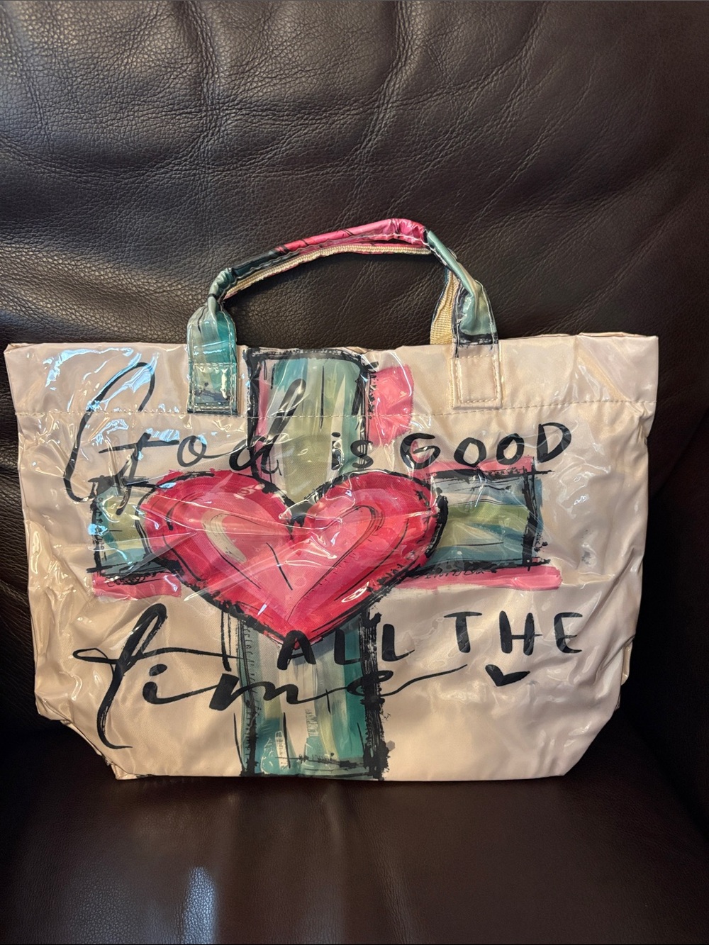 Women’s Tote Bag with Pink Heart and Teal Cross Artwork